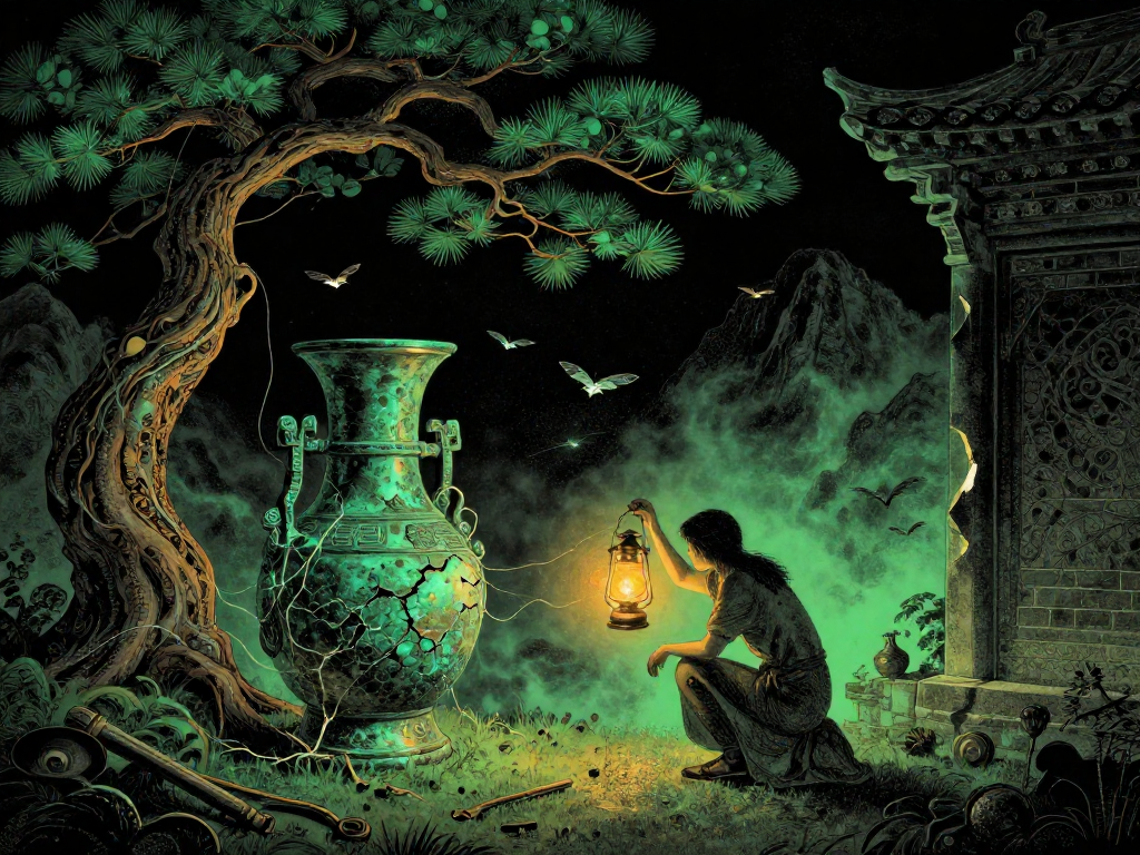 Hexagram 18, 蠱: a cracked bronze vessel webbed with pale threads, a lone figure stooping with a raised lantern, a gnarled pine on a steep diagonal, a black mountain through mist. Stipple illustration in phosphor-green and amber on black.